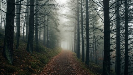 Fototapeta premium Misty Forest Path with Tall Trees and Fallen Leaves.