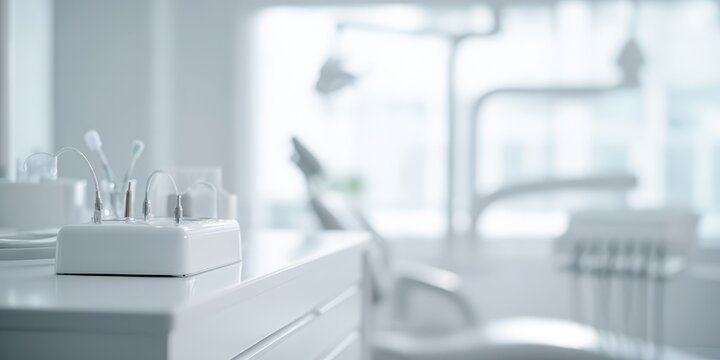Modern dental practice. Blurred dentist office white blue interior with dentistry equipment tools on the foreground. Banner, space for text. Orthodontics. Alignment of Teeth. Dentofacial Orthopedics.