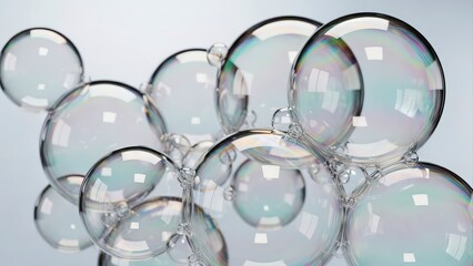 Close-up of clear, transparent bubbles with iridescent reflections, creating a light and airy abstract background.