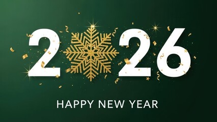 2026 Happy New Year white numbers gold snowflake confetti