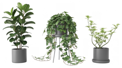 Three Potted Plants green plants leafy plants isolated on a transparent background