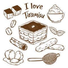 Isolated hand drawn I love tiramisu dessert outline drawing illustration