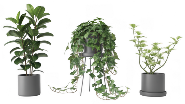 Three Potted Plants green plants leafy plants isolated on a transparent background - Powered by Adobe