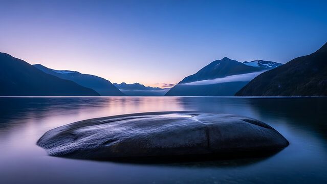 Serene landscape with large rock in calm lake water at sunset or sunrise with majestic mountains in background during twilight - Powered by Adobe