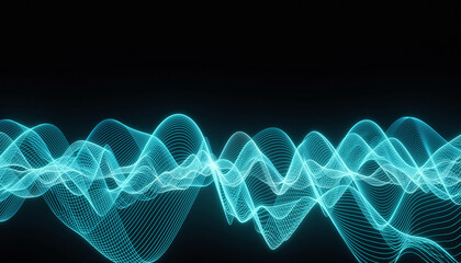 A futuristic digital backdrop features bright blue fractal waves and light energy lines flowing across a black textured space in a modern motion art design