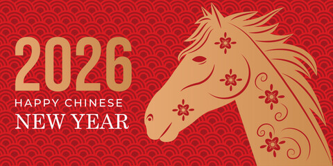 Сhinese New Year 2026 greeting card featuring a golden horse, a red ornamental background, and festive font. Vector illustration.