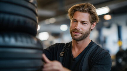 A mechanic examining a tall stack of alloy car wheels, each rim reflecting workshop lights as he selects the perfect match for a high-performance vehicle upgrade. cinematic color correction,