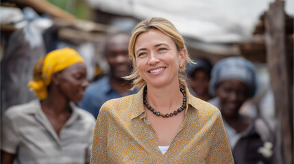 A woman candidate walking through a bustling market shaking hands with local residents, campaign volunteers following with clipboards — grassroots engagement and authentic political connection.