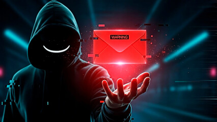 Naklejka na ściany i meble A hacker holding a red envelope, concept of phishing and cyber security.