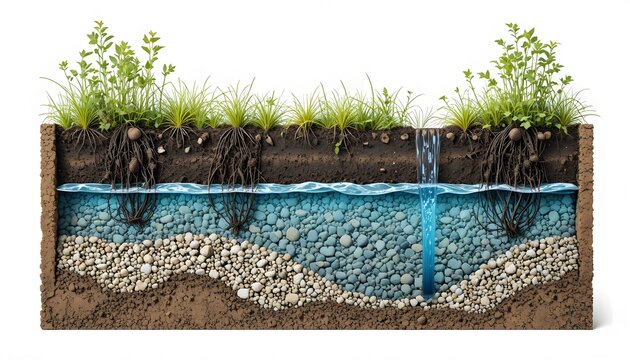 Understanding groundwater and soil filtration: a detailed cross-section of water movement and earth layers. bioswale