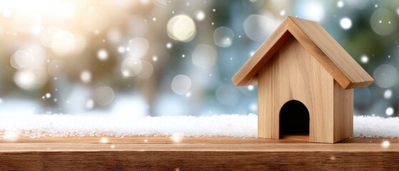 Wooden house model on a snowy hill with sunset light creating a cozy winter scene in pastel colors