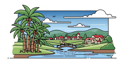 Tropical village landscape, Flat line art nature illustration, Rural scenery with river and bridge, Coconut palm tree vector, Peaceful countryside village, Mountain valley landscape art, Summer vacati
