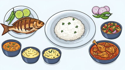 Traditional Bangladeshi Food Set Illustration with Steamed Rice, Fried Fish, Chicken Curry, and Authentic Bharta for Culinary Design
