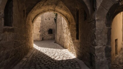Fototapeta premium Ancient Stone Archway Leading to a Cobblestone Alleyway in Sunlight.