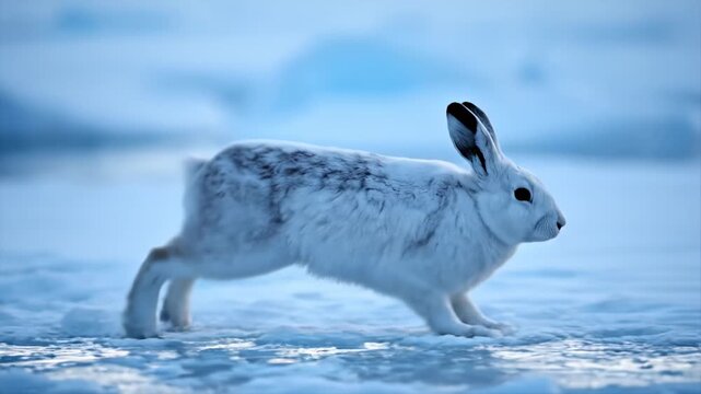 Arctic Hare Running on Ice in Cold Environment.