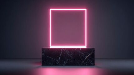 Pink neon square illuminates a marble pedestal in a dark room
