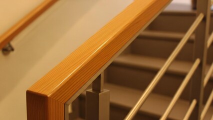 Warm wooden handrail atop sleek metal balusters in a modern indoor stairway design