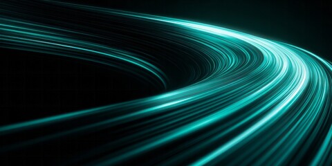 Bright cyan light trails curve dynamically across a dark background suggesting rapid motion or data flow
