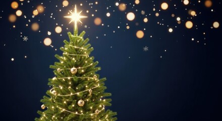 A beautifully decorated Christmas tree with a star on top, adorned with lights and ornaments against a dark background with snowflakes and glowing lights.