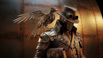 Steampunk Adventurer with Mechanical Bird Companion.