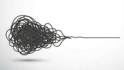 Tangled Mess of Black Thread Unraveling into a Straight Line on White Background.