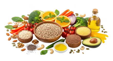 Healthy food arrangement with various grains and vegetables