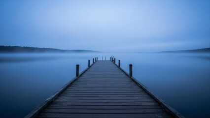 Obraz premium Wooden Dock Extending into Calm Misty Lake at Dawn.