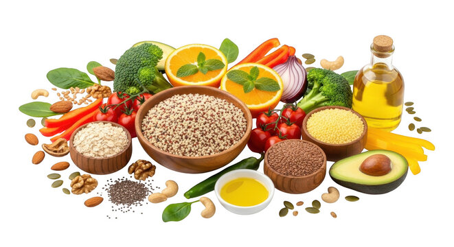 Healthy food arrangement with various grains and vegetables