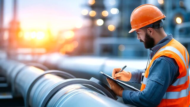 Faceless worker in complete protective safety gear meticulously examining large diameter industrial pipelines at processing plant, routine maintenance inspection, quality assurance