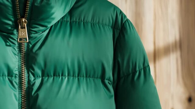 Close-up of green puffer jacket showing zipper detail, concept of winter fashion, outdoor wear style, useful for articles on seasonal clothing trends and style. 