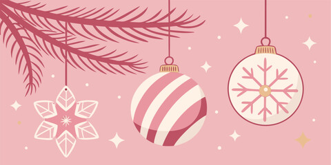 3D shiny Christmas balls and holiday decorations with a soft pink background, perfect for creating a cheerful and contemporary holiday feel.