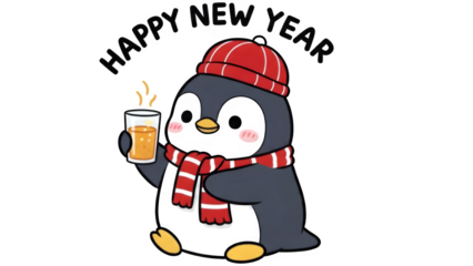A cartoon penguin wearing a hat and scarf holds a drink in a cheerful New Year scene.