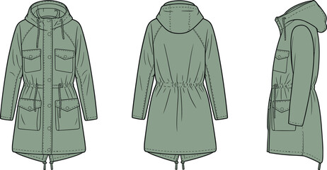 Technical parka jacket vector illustration showing front back and side views, hooded design, utility pockets, fashion apparel template © Ashik Creatives