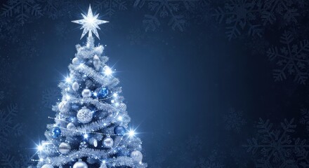 A white Christmas tree with blue ornaments and lights against a dark blue background with snowflakes.