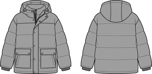 Gray padded winter jacket illustration showing front and back views, hooded insulated outerwear design isolated on white background © Ashik Creatives