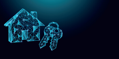 Low poly wireframe house with keys on dark blue background.