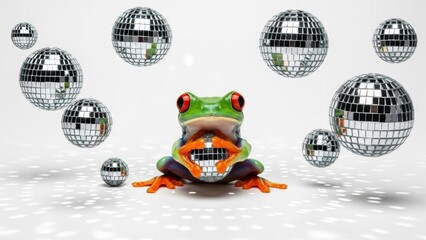 frog with a mirrored disco ball, party celebration, on a white background, party animal photo