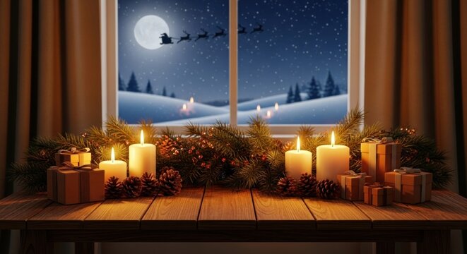 Christmas scene with candles, presents, and a snowy landscape through a window.