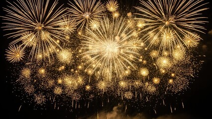 Golden yellow fireworks exploding in night sky explosion