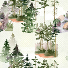 Seamless pattern with watercolor trees.