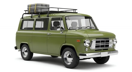 Classic olive green vehicle with luggage carrier isolated on white background
