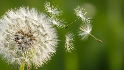 Fototapeta premium Close-up of a dandelion with seeds blowing in the wind on a green background.