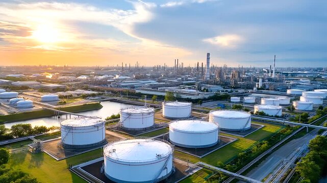 Aerial bird's eye view of sprawling industrial refinery complex with multiple processing units and cylindrical storage tanks, extensive petrochemical infrastructure from above, def