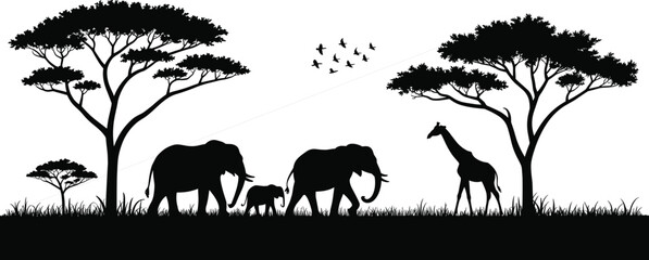 African safari wildlife silhouette scene, elephants and giraffe under acacia trees, savanna landscape with birds, sunset nature vector illustration design © Nur Creations