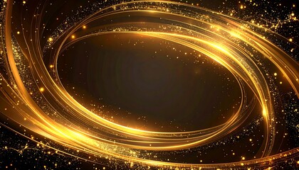 Sparkling golden swirls encircle a dark void, with glittery particles adding depth and radiance to the design