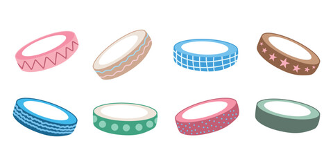 Decorative tape set, washi ring icons. Tape ring collection, tape set. Washi tape elements, tape roll illustrations