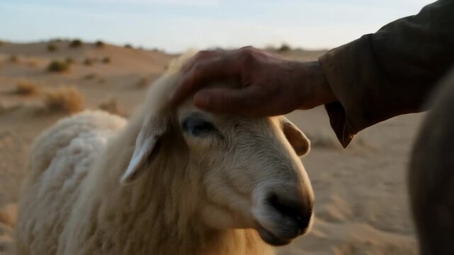 Shepherd's hand gently caressing a sheep in the desert. Biblical scene representing Jesus as the Good Shepherd and his flock Concept of faith .