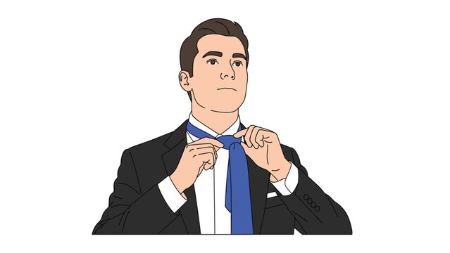 A young professional man is carefully adjusting his blue necktie while wearing a suit, preparing for a business meeting or formal event. - Powered by Adobe