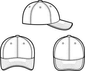 Baseball cap technical drawing, vector illustration of hat design, flat sketch template, blank cap mockup, fashion accessory outline, editable CAD design