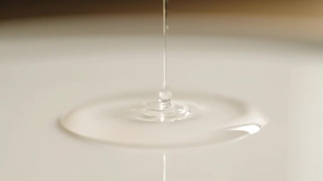 Close-up of a liquid drop forming and impacting a surface, creating ripples